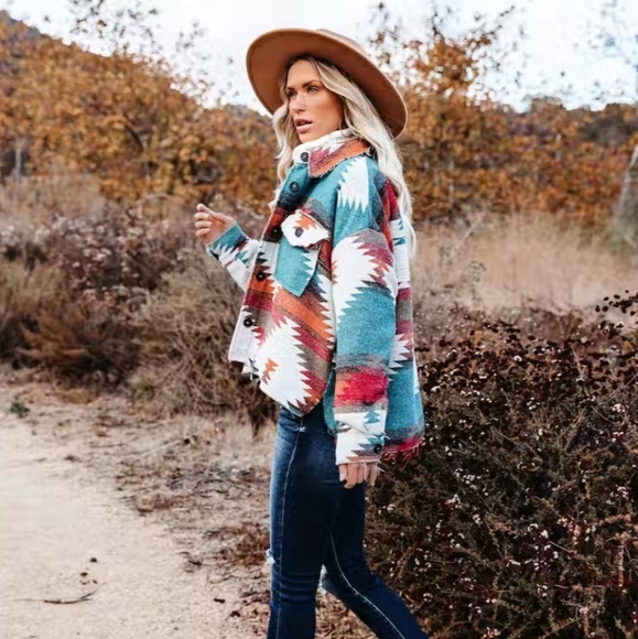 New Southwestern Distressed Jacket Coat Shacket Button Up Top Blue Red - Picture 4 of 11